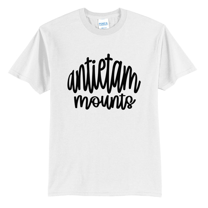 Antietam Mountaineers Hand-Lettered Script t-shirt in White: antietam mounts in big hand-lettered script
