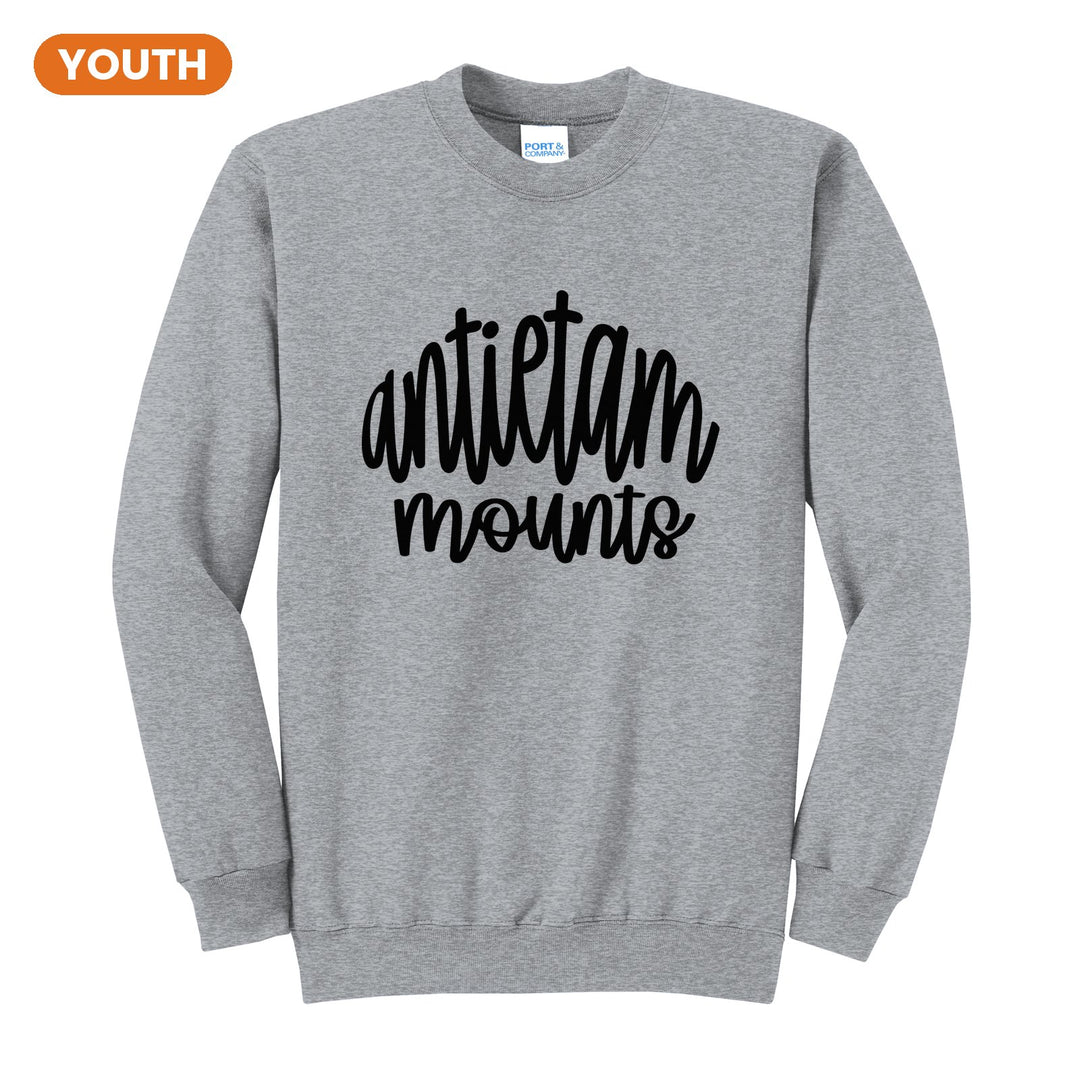 Antietam Mountaineers Hand-Lettered Script youth crewneck sweatshirt in Athletic Heather: antietam mounts in big hand-lettered script