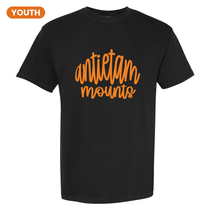 Antietam Mountaineers Hand-Lettered Script youth comfort colors t-shirt in Black: antietam mounts in big hand-lettered script