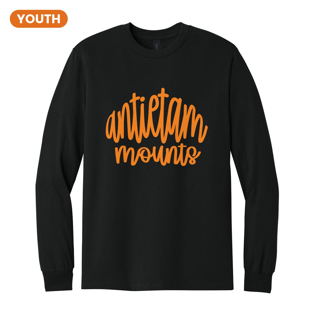 Antietam Mountaineers Hand-Lettered Script youth long sleeve t-shirt in Black: antietam mounts in big hand-lettered script