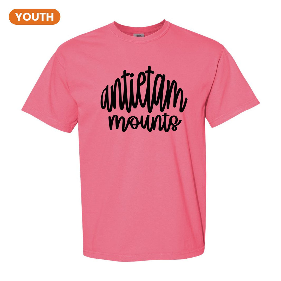 Antietam Mountaineers Hand-Lettered Script youth comfort colors t-shirt in Crunchberry: antietam mounts in big hand-lettered script