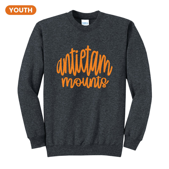 Antietam Mountaineers Hand-Lettered Script youth crewneck sweatshirt in Dark Heather Grey: antietam mounts in big hand-lettered script