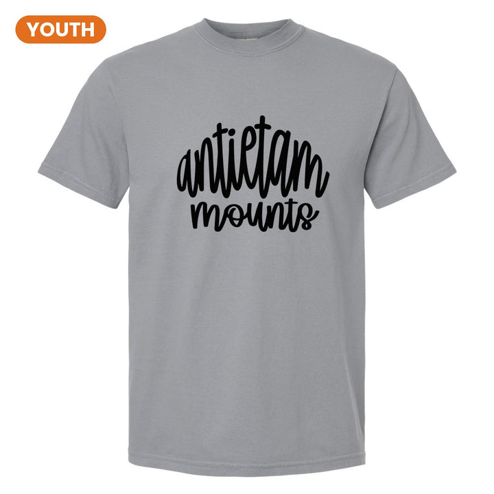 Antietam Mountaineers Hand-Lettered Script youth comfort colors t-shirt in Granite: antietam mounts in big hand-lettered script