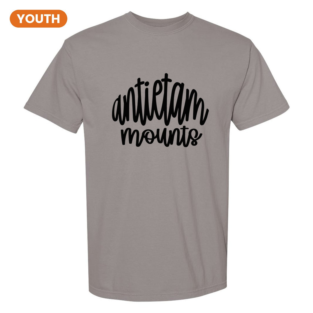 Antietam Mountaineers Hand-Lettered Script youth comfort colors t-shirt in Grey: antietam mounts in big hand-lettered script