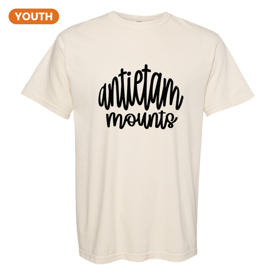 Antietam Mountaineers Hand-Lettered Script youth comfort colors t-shirt in Ivory: antietam mounts in big hand-lettered script