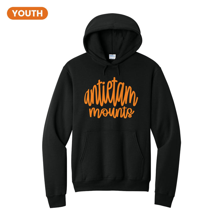 Antietam Mountaineers Hand-Lettered Script youth hoodie in Jet Black: antietam mounts in big hand-lettered script