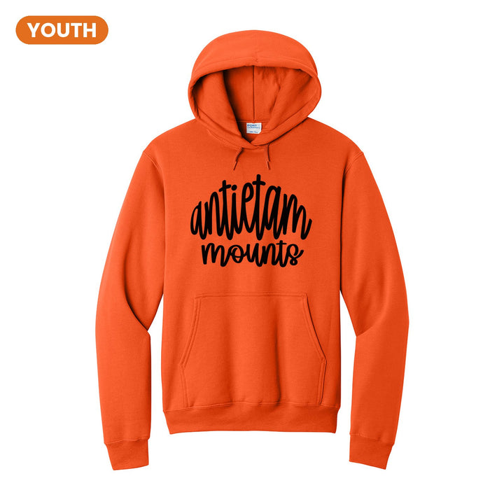 Antietam Mountaineers Hand-Lettered Script youth hoodie in Orange: antietam mounts in big hand-lettered script