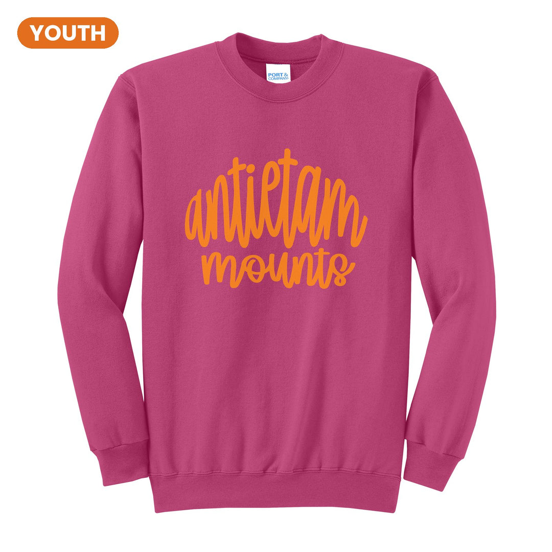 Antietam Mountaineers Hand-Lettered Script youth crewneck sweatshirt in Sangria: antietam mounts in big hand-lettered script