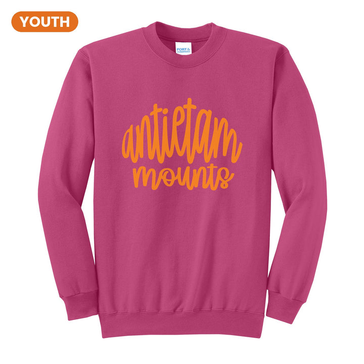 Antietam Mountaineers Hand-Lettered Script youth crewneck sweatshirt in Sangria: antietam mounts in big hand-lettered script