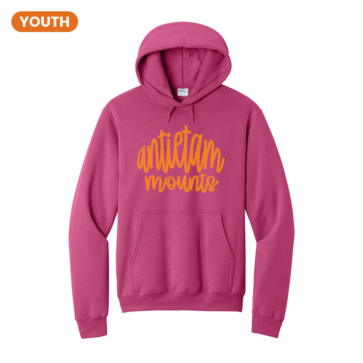 Antietam Mountaineers Hand-Lettered Script youth hoodie in Sangria: antietam mounts in big hand-lettered script