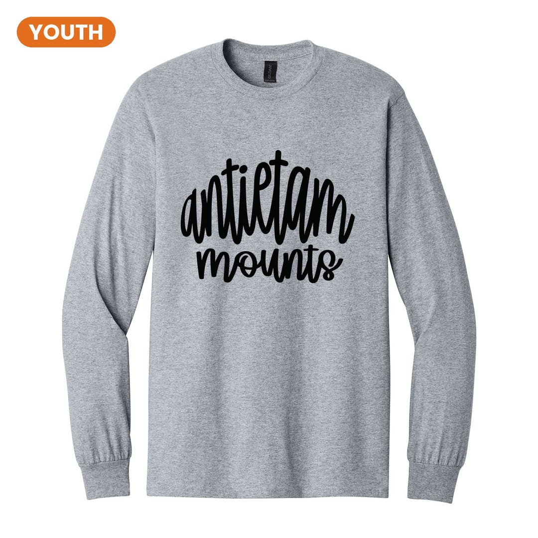 Antietam Mountaineers Hand-Lettered Script youth long sleeve t-shirt in Sport Grey: antietam mounts in big hand-lettered script