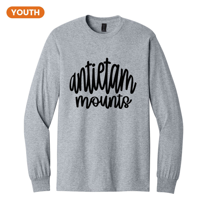 Antietam Mountaineers Hand-Lettered Script youth long sleeve t-shirt in Sport Grey: antietam mounts in big hand-lettered script