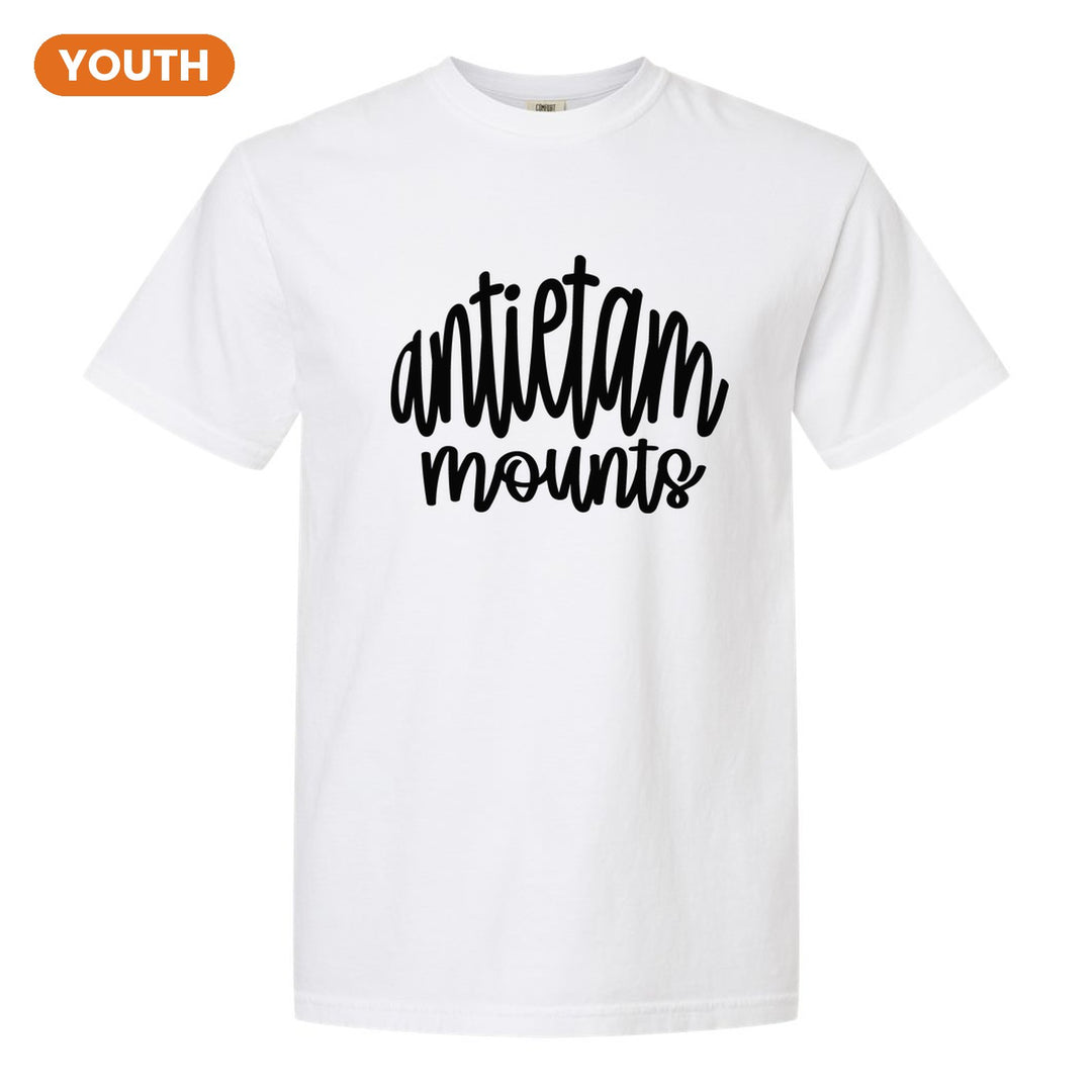 Antietam Mountaineers Hand-Lettered Script youth comfort colors t-shirt in White: antietam mounts in big hand-lettered script