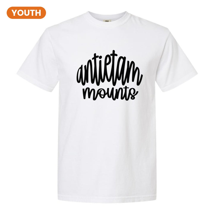 Antietam Mountaineers Hand-Lettered Script youth comfort colors t-shirt in White: antietam mounts in big hand-lettered script
