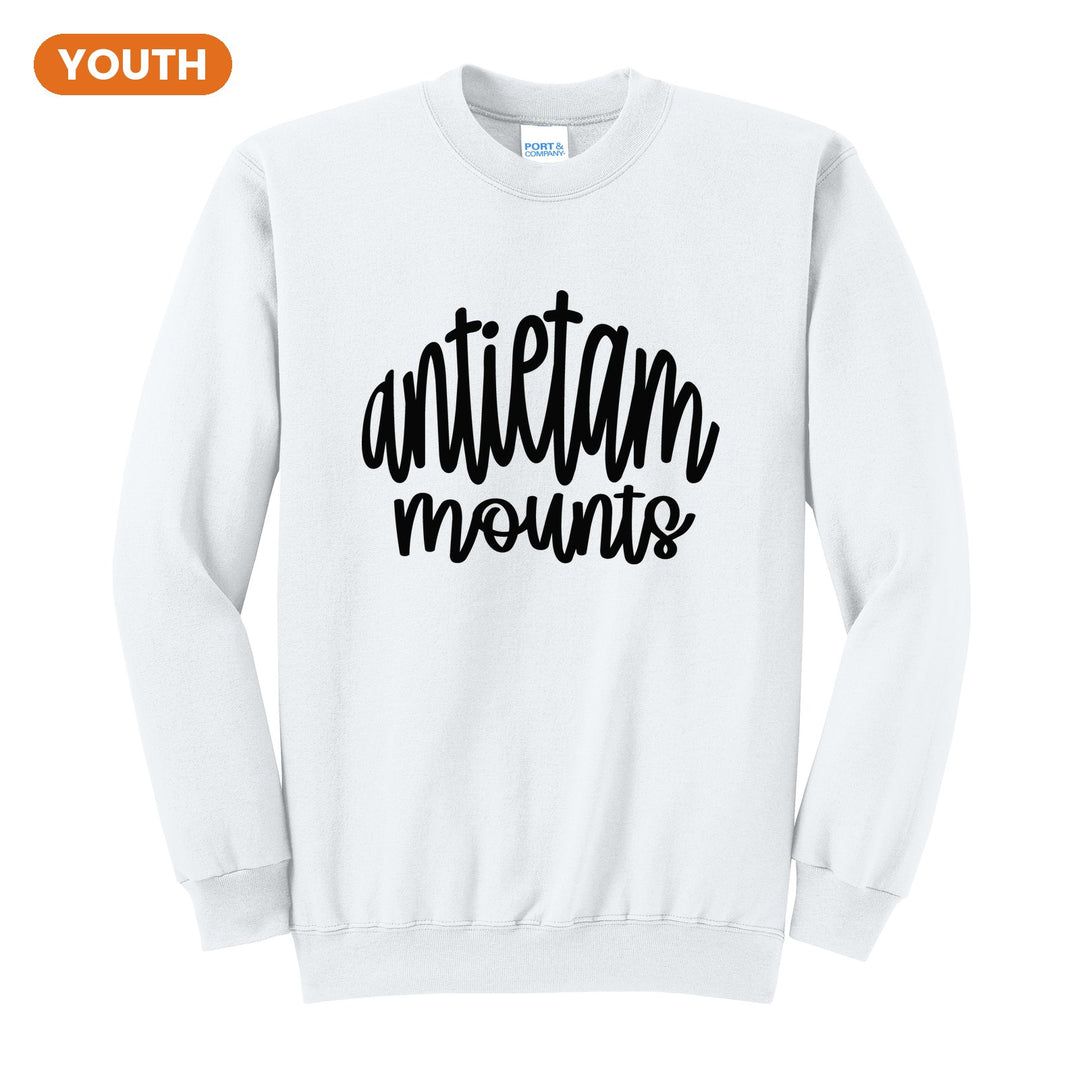Antietam Mountaineers Hand-Lettered Script youth crewneck sweatshirt in White: antietam mounts in big hand-lettered script