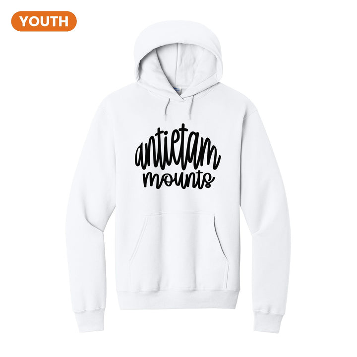 Antietam Mountaineers Hand-Lettered Script youth hoodie in White: antietam mounts in big hand-lettered script