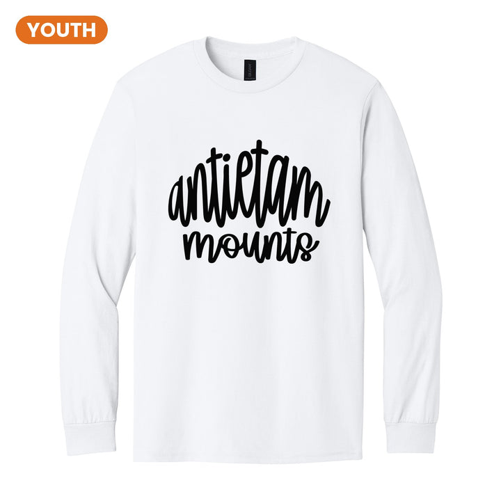 Antietam Mountaineers Hand-Lettered Script youth long sleeve t-shirt in White: antietam mounts in big hand-lettered script