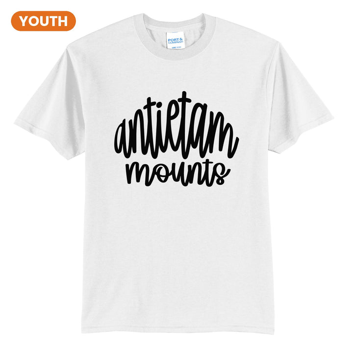Antietam Mountaineers Hand-Lettered Script youth t-shirt in White: antietam mounts in big hand-lettered script