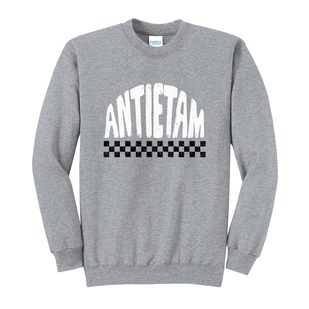 Antietam Mountaineers Checkered crewneck sweatshirt in Athletic Heather: distressed ANTIETAM lettering over a checkerboard band