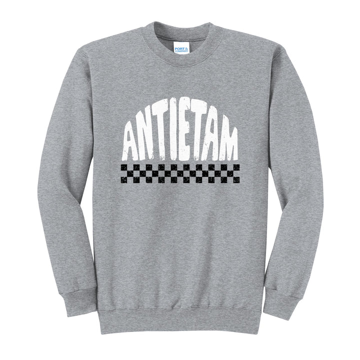 Antietam Mountaineers Checkered crewneck sweatshirt in Athletic Heather: distressed ANTIETAM lettering over a checkerboard band