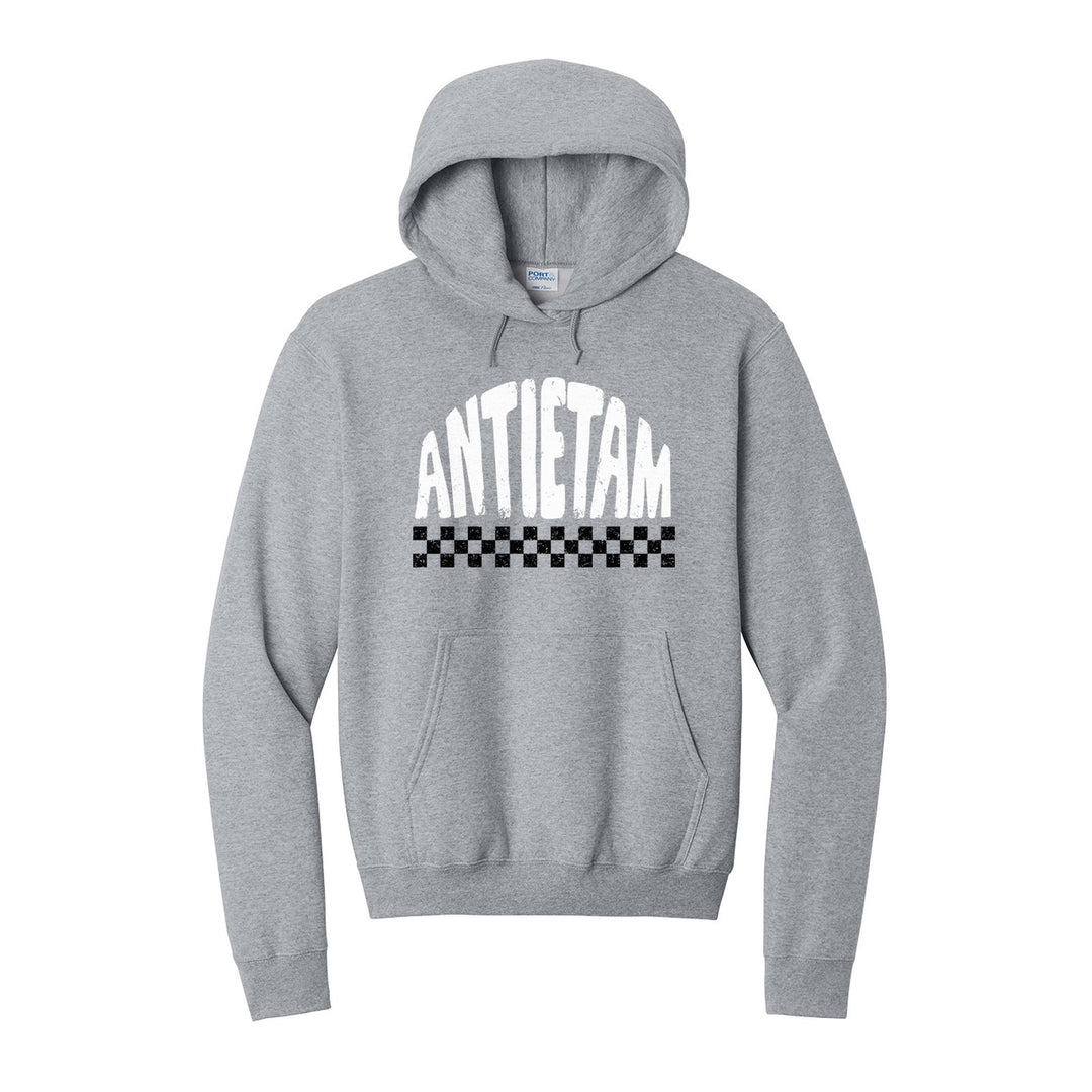 Antietam Mountaineers Checkered hoodie in Athletic Heather: distressed ANTIETAM lettering over a checkerboard band