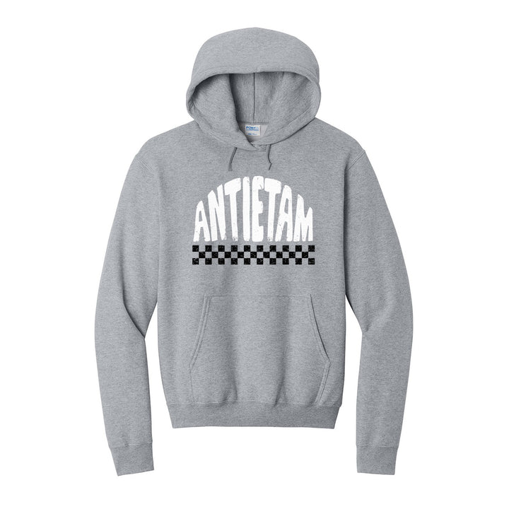 Antietam Mountaineers Checkered hoodie in Athletic Heather: distressed ANTIETAM lettering over a checkerboard band