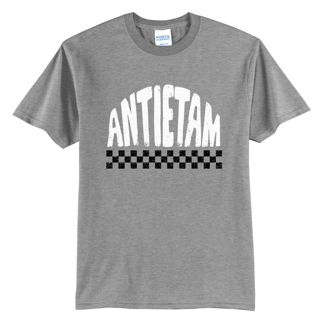 Antietam Mountaineers Checkered t-shirt in Athletic Heather: distressed ANTIETAM lettering over a checkerboard band