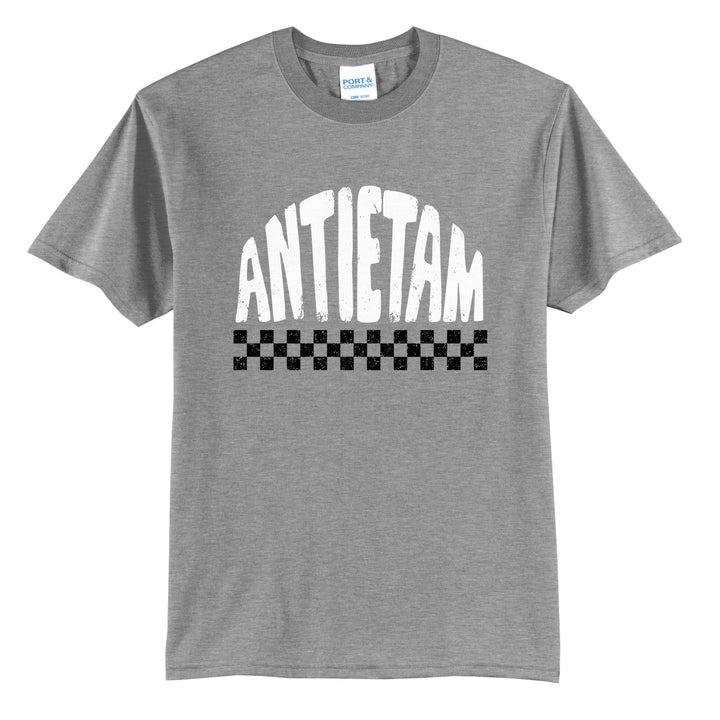 Antietam Mountaineers Checkered t-shirt in Athletic Heather: distressed ANTIETAM lettering over a checkerboard band
