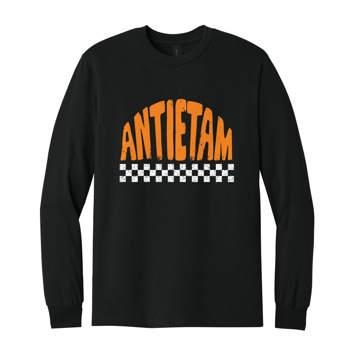 Antietam Mountaineers Checkered long sleeve t-shirt in Black: distressed ANTIETAM lettering over a checkerboard band