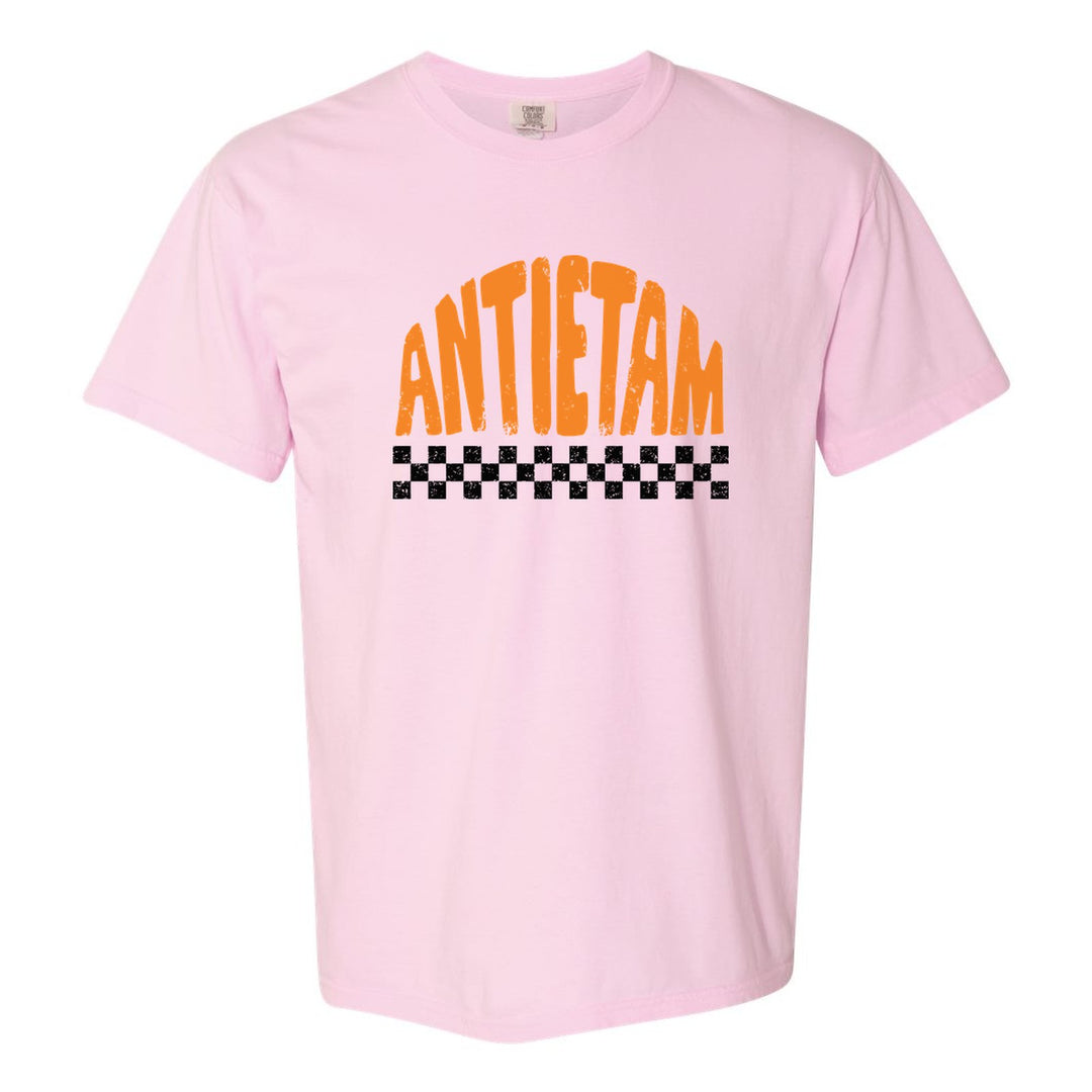 Antietam Mountaineers Checkered comfort colors t-shirt in Blossom: distressed ANTIETAM lettering over a checkerboard band
