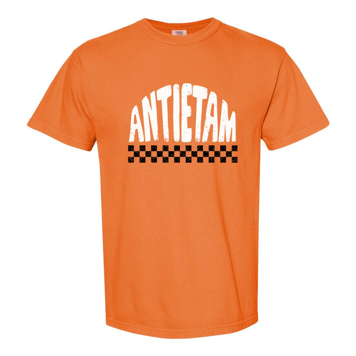 Antietam Mountaineers Checkered comfort colors t-shirt in Burnt Orange: distressed ANTIETAM lettering over a checkerboard band