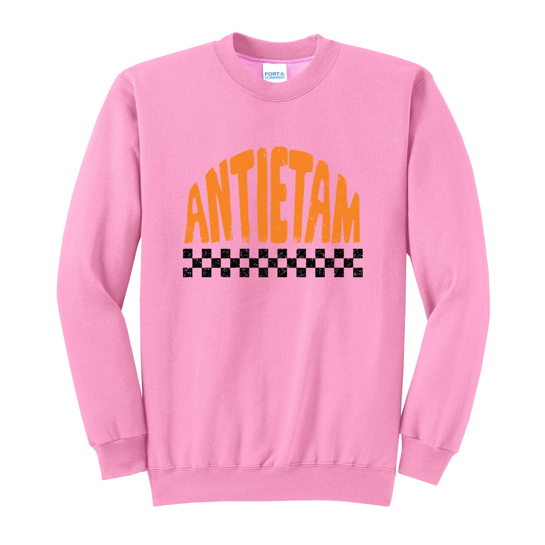 Antietam Mountaineers Checkered crewneck sweatshirt in Candy Pink: distressed ANTIETAM lettering over a checkerboard band