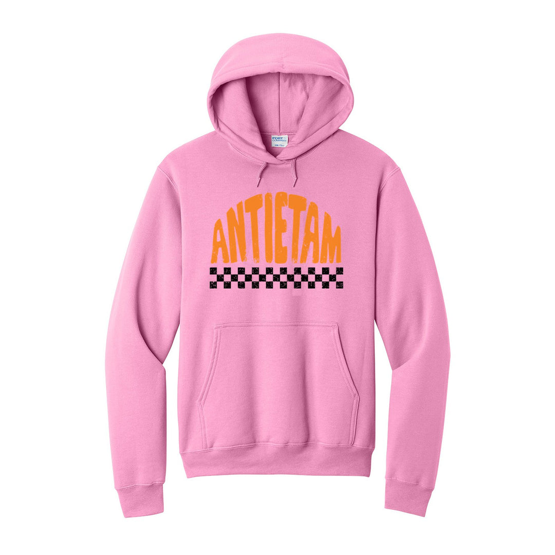 Antietam Mountaineers Checkered hoodie in Candy Pink: distressed ANTIETAM lettering over a checkerboard band