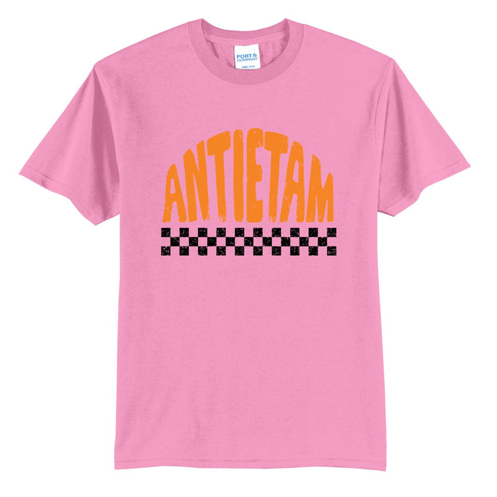 Antietam Mountaineers Checkered t-shirt in Candy Pink: distressed ANTIETAM lettering over a checkerboard band
