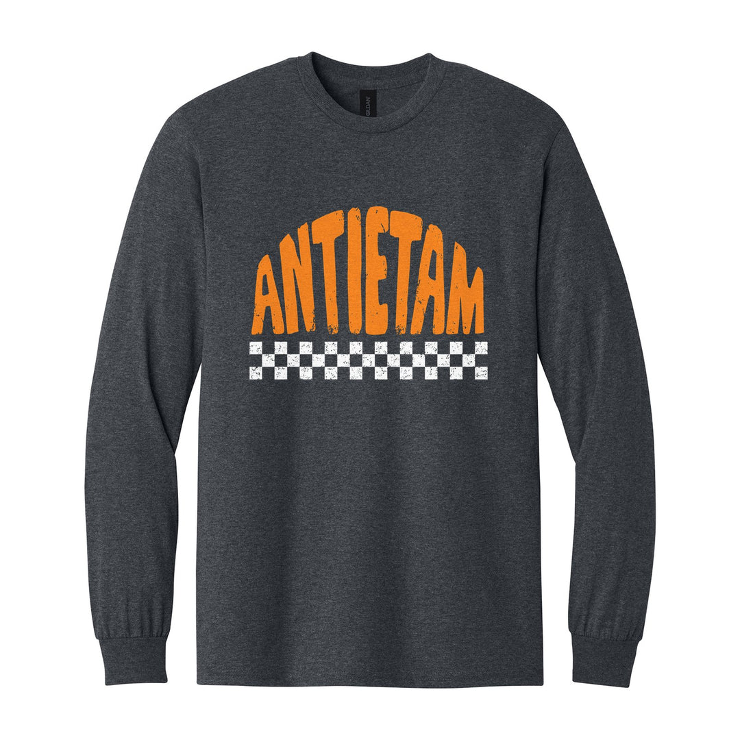Antietam Mountaineers Checkered long sleeve t-shirt in Dark Heather: distressed ANTIETAM lettering over a checkerboard band