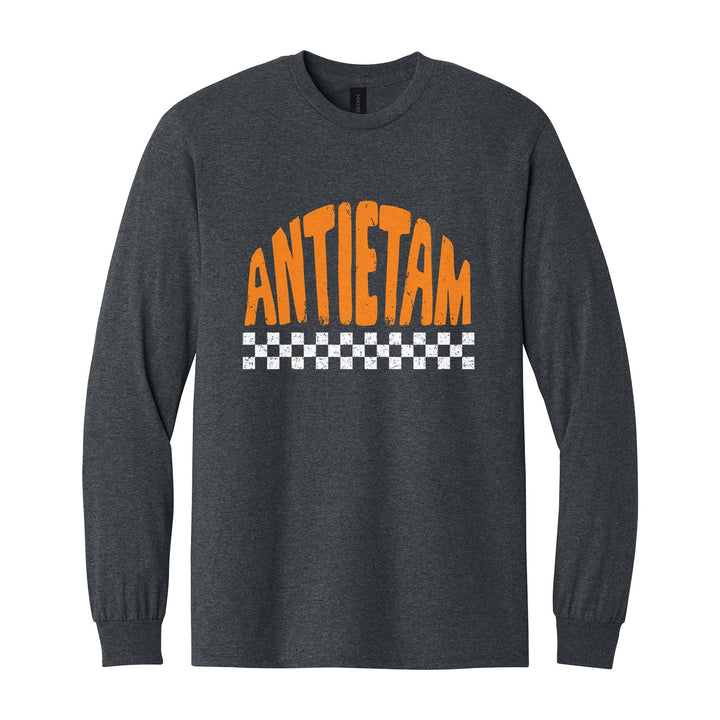Antietam Mountaineers Checkered long sleeve t-shirt in Dark Heather: distressed ANTIETAM lettering over a checkerboard band