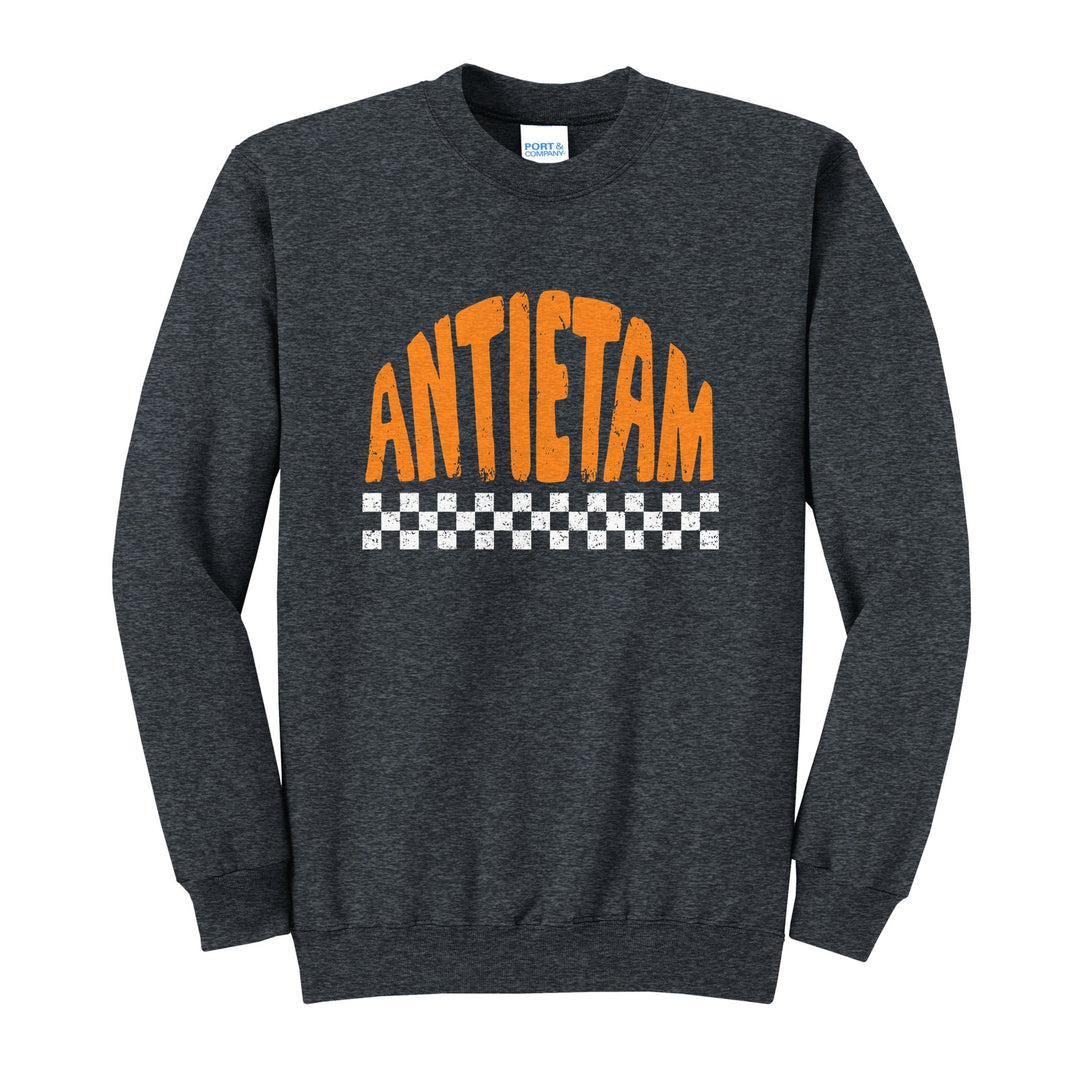 Antietam Mountaineers Checkered crewneck sweatshirt in Dark Heather Grey: distressed ANTIETAM lettering over a checkerboard band