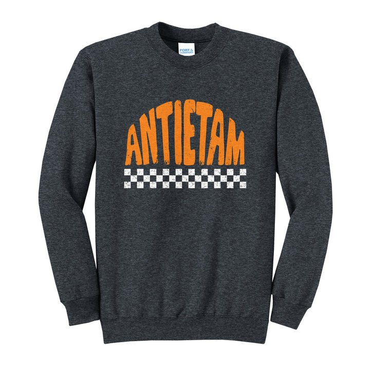 Antietam Mountaineers Checkered crewneck sweatshirt in Dark Heather Grey: distressed ANTIETAM lettering over a checkerboard band