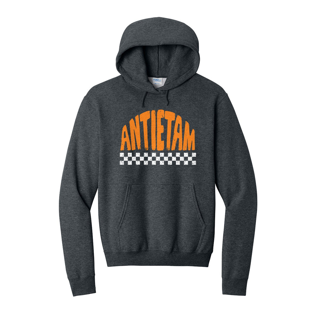 Antietam Mountaineers Checkered hoodie in Dark Heather Grey: distressed ANTIETAM lettering over a checkerboard band