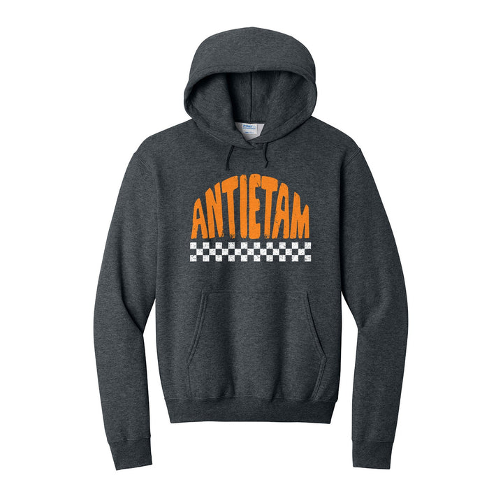 Antietam Mountaineers Checkered hoodie in Dark Heather Grey: distressed ANTIETAM lettering over a checkerboard band
