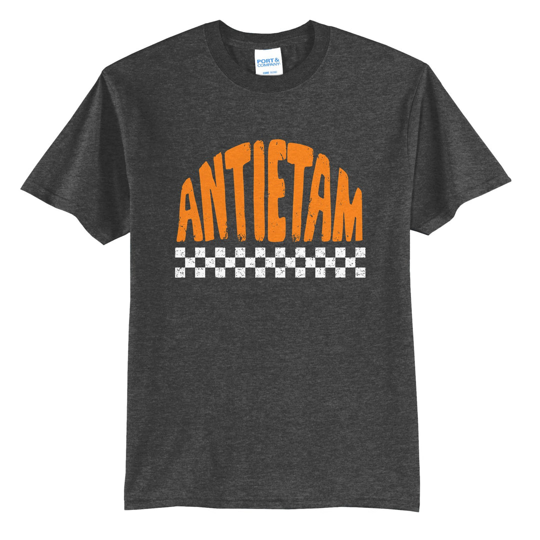 Antietam Mountaineers Checkered t-shirt in Dark Heather Grey: distressed ANTIETAM lettering over a checkerboard band