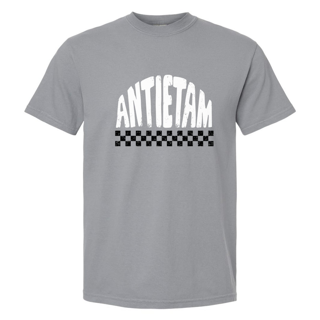 Antietam Mountaineers Checkered comfort colors t-shirt in Granite: distressed ANTIETAM lettering over a checkerboard band