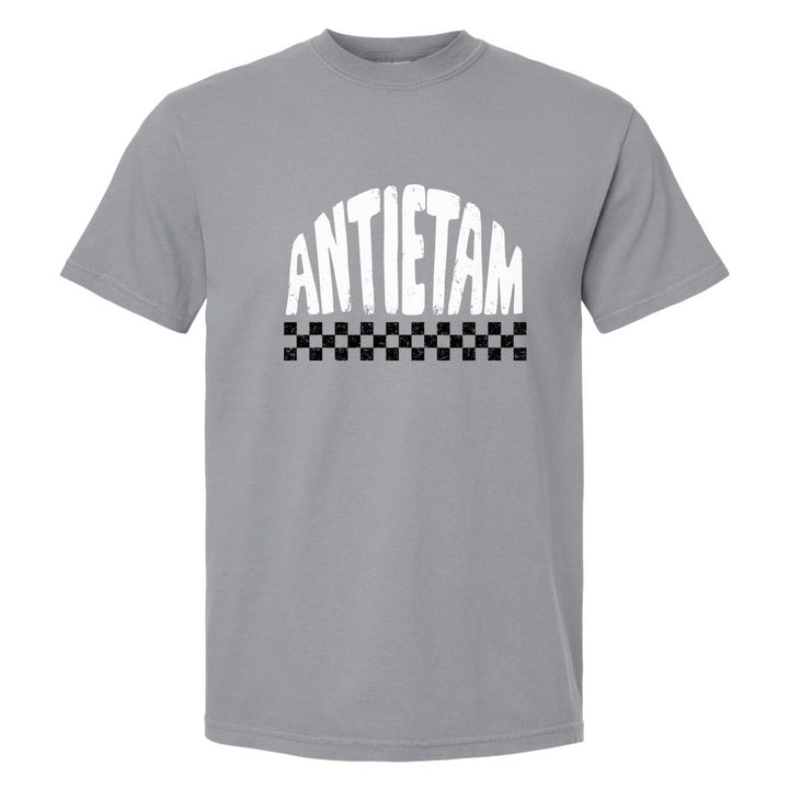 Antietam Mountaineers Checkered comfort colors t-shirt in Granite: distressed ANTIETAM lettering over a checkerboard band