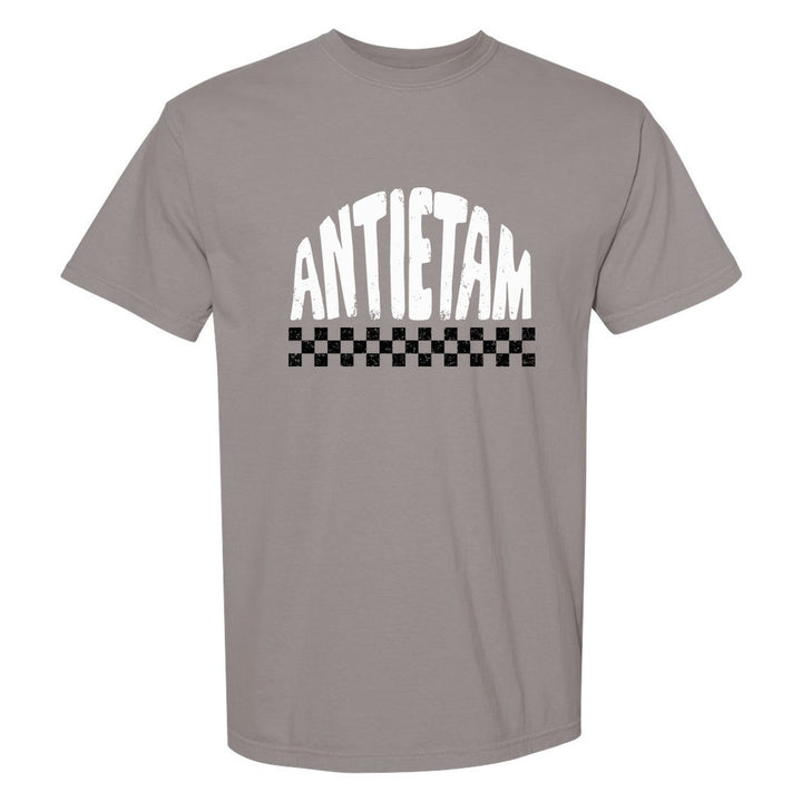 Antietam Mountaineers Checkered comfort colors t-shirt in Grey: distressed ANTIETAM lettering over a checkerboard band