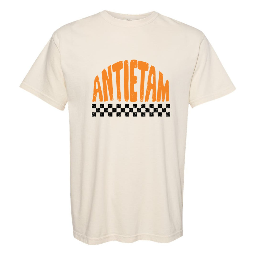 Antietam Mountaineers Checkered comfort colors t-shirt in Ivory: distressed ANTIETAM lettering over a checkerboard band