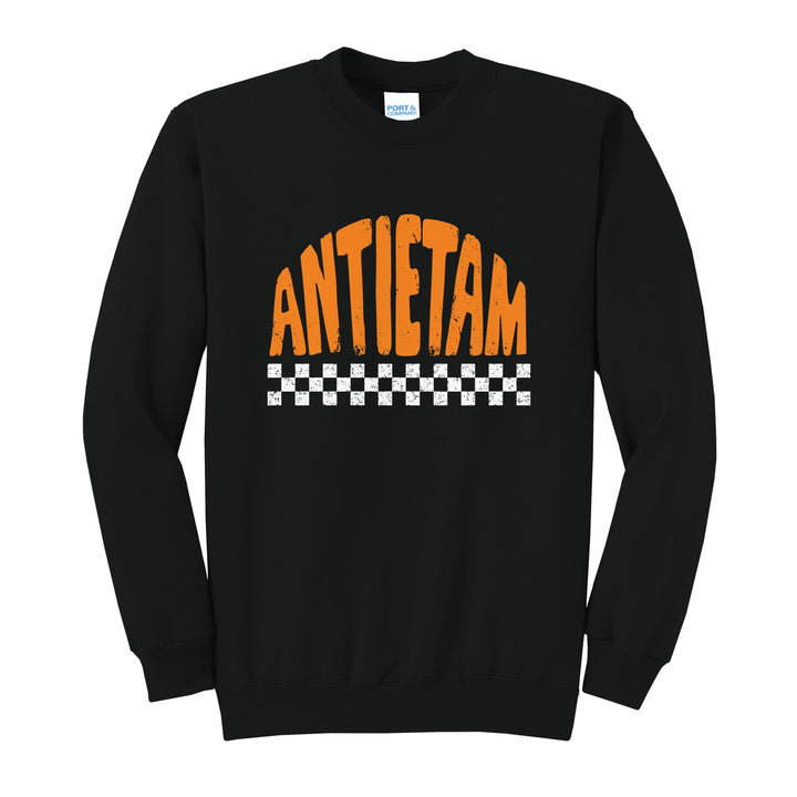 Antietam Mountaineers Checkered crewneck sweatshirt in Jet Black: distressed ANTIETAM lettering over a checkerboard band
