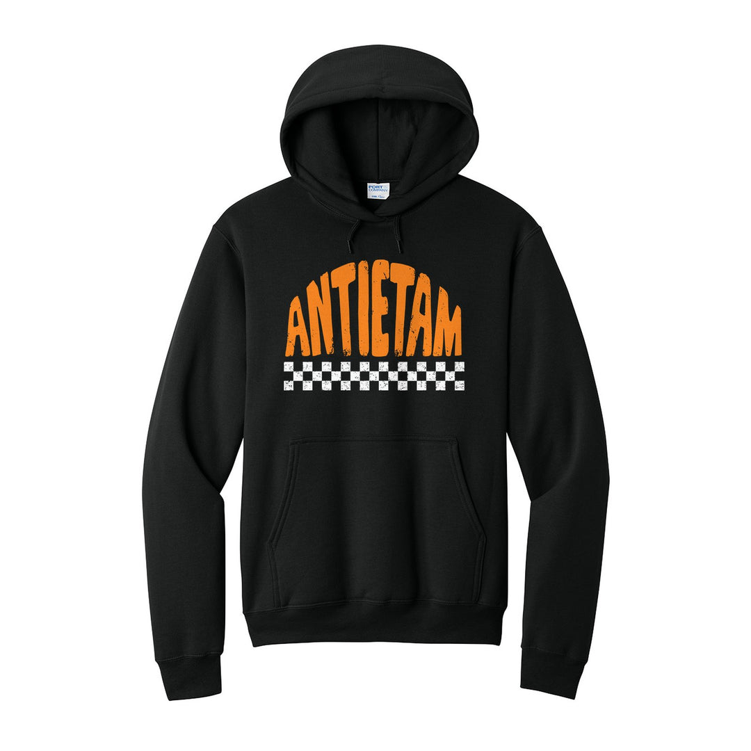 Antietam Mountaineers Checkered hoodie in Jet Black: distressed ANTIETAM lettering over a checkerboard band