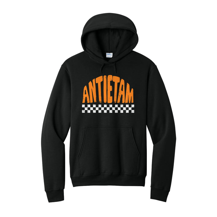 Antietam Mountaineers Checkered hoodie in Jet Black: distressed ANTIETAM lettering over a checkerboard band
