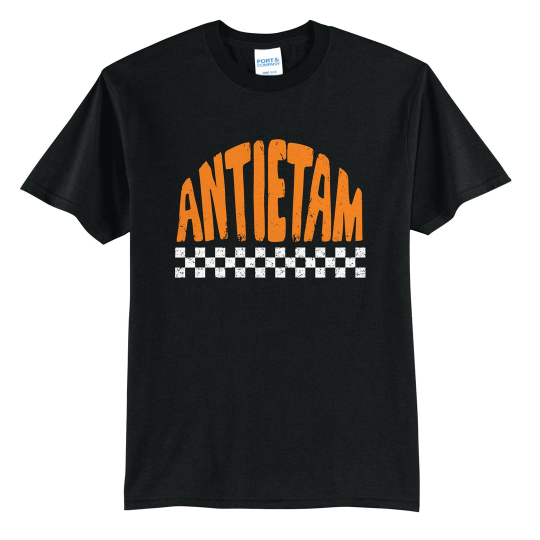 Antietam Mountaineers Checkered t-shirt in Jet Black: distressed ANTIETAM lettering over a checkerboard band