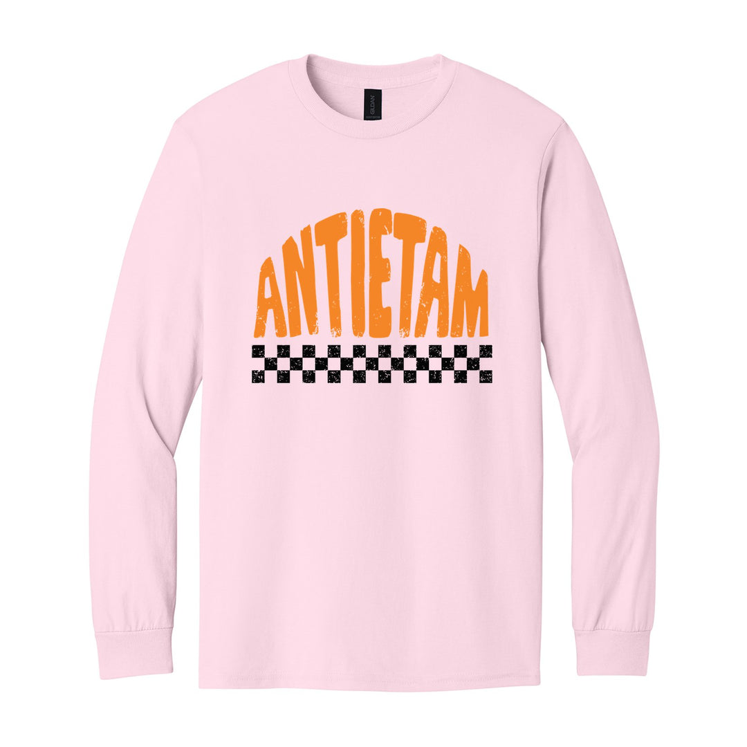 Antietam Mountaineers Checkered long sleeve t-shirt in Light Pink: distressed ANTIETAM lettering over a checkerboard band